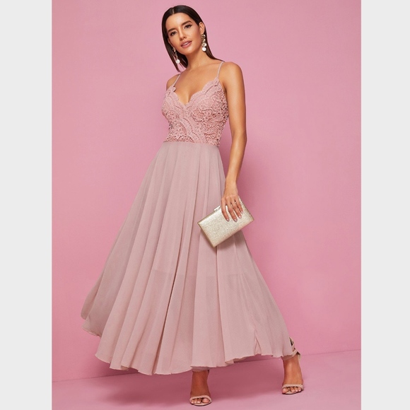 Rouge! Dresses & Skirts - Pink Lace Detail V-Neck Cami Flared Maxi Dress